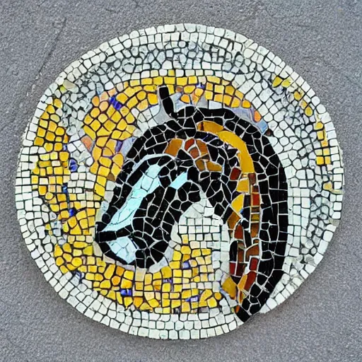 Prompt: mosaic sculpture of a chimera!!!, irregularly shaped mosaic tiles, hand glazed pottery shards, in the style of folk art, in a cottagecore flower garden