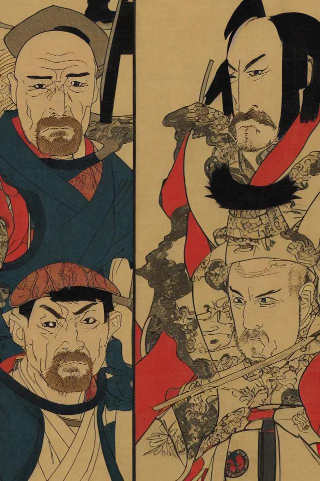 Prompt: a portrait of walter white and jesse pinkman in samurai armor, in the art style of ukiyo - e, sengoku - era art style, artistic 4 k