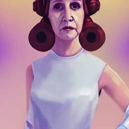 Image similar to portrait of princess leia doing a duckface, in a light white dress, digital art, golden hour, smooth, extremely detailed