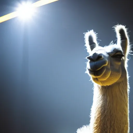 Image similar to film still of a llama dunking a basketball, low angle, extreme long shot, indoors, dramatic backlighting