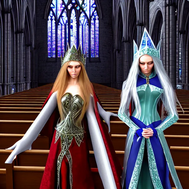 Image similar to an elf queen and ice queen in a gothic church, highly detailed, 4 k, hdr, smooth, sharp focus, high resolution, award - winning photo, close up, illustrated by anne stokes, photorealistic