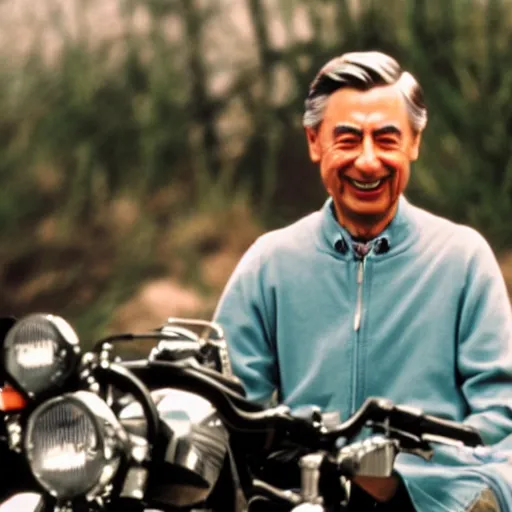 Prompt: color still of fred rogers with facial tattoos riding a motorcycle wearing a leather jacket and smoking at the beach, bright sunny day