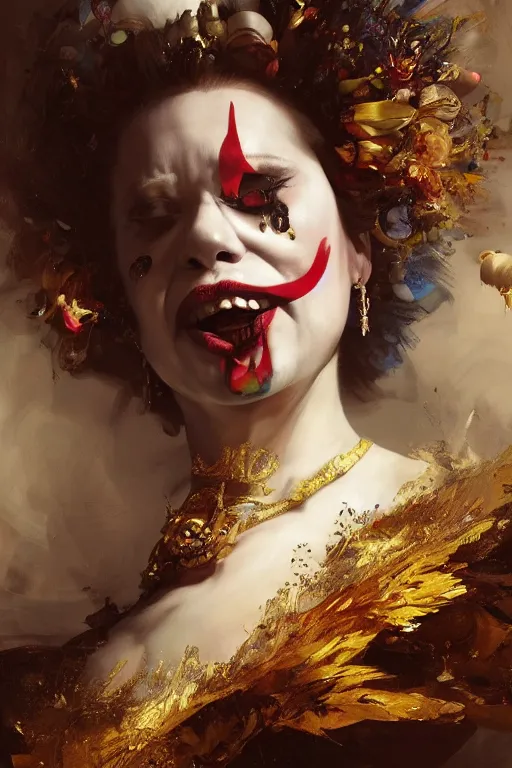 Image similar to art masterpice, hysterical clown faced queen elizabeth descending from the clouds, intricate, beautiful cinematic lighting, stunning painting by artgerm, caravaggio, ruan jia, wadim kashin