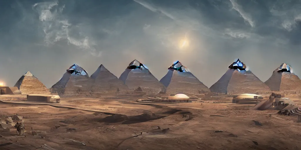 Image similar to a beautiful view of a spaceport at the pyramids, matte painting, cinematic lighting, hyper - detailed, 4 k, scifi