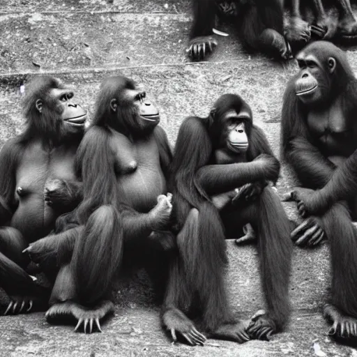 Image similar to a swat team consisting of orangutans listening a briefing from their gorilla leader, award winning vintage 1 9 9 0 photo