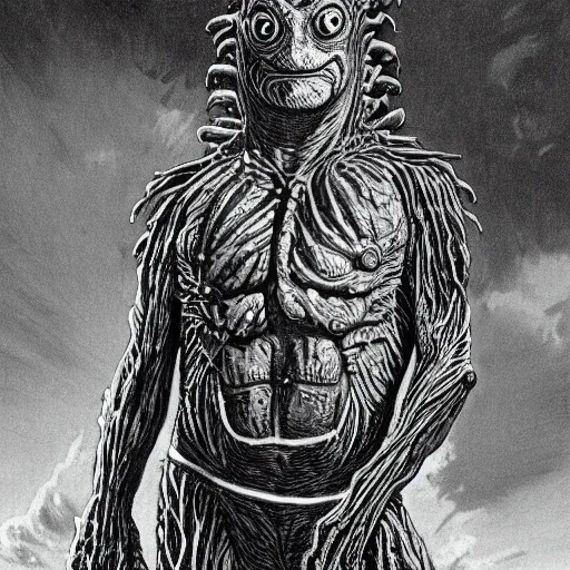 Prompt: highly detailed illustration of gill - man from creature of the black lagoon, hyper realistic, sci - fi horror art