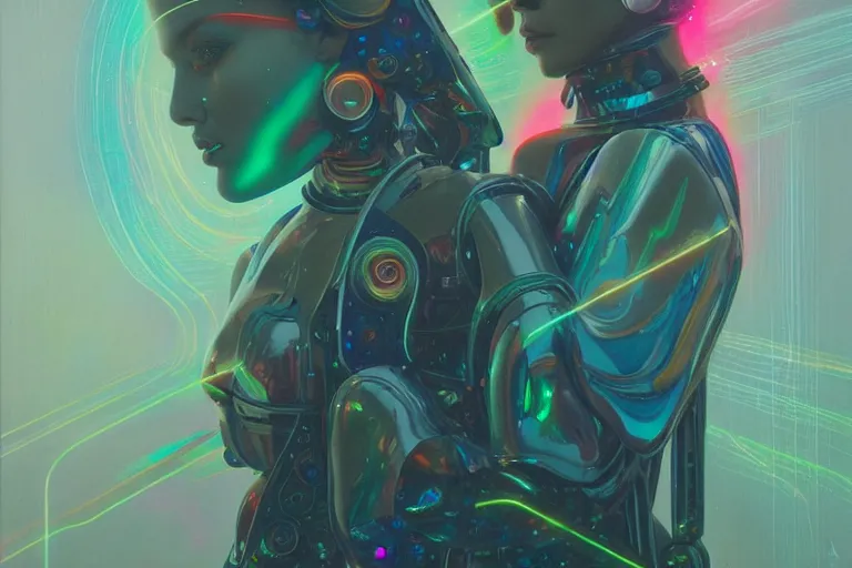 Image similar to patron saint of 👽 🌈👩🏾, futuristic clothing, woman and robot, rain, neon god of city character portrait, in the style of moebius, tom bagshaw, and waterhouse, cinematic lighting, beautiful, elegant, oil painting,