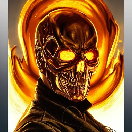 Prompt: portrait of Bob Odenkirk as Ghost Rider, elegant, intricate, headshot, highly detailed, digital painting, artstation, concept art, sharp focus, illustration, art by artgerm and greg rutkowski and alphonse mucha