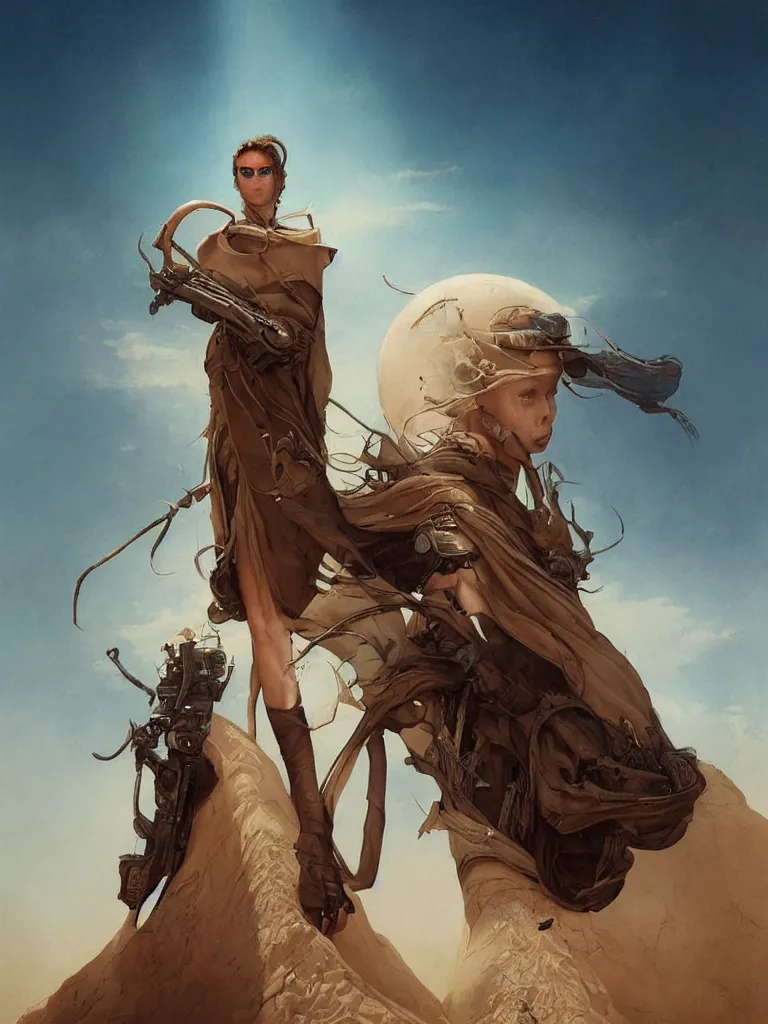 Image similar to a stunning hyperrealistic character from the movie Dune walking through an arid minimalistic desert with harsh noon sunlight with an oasis in the background, award-winning, masterpiece, in the style of Tom Bagshaw, Cedric Peyravernay, Peter Mohrbacher