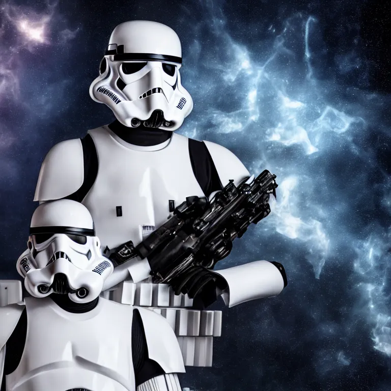 Image similar to stormtrooper darth vader hybrid from star wars, high quality portrait photoshoot, bokeh, studio lighting, high fashion photoshoot, nebula space background, 8 k