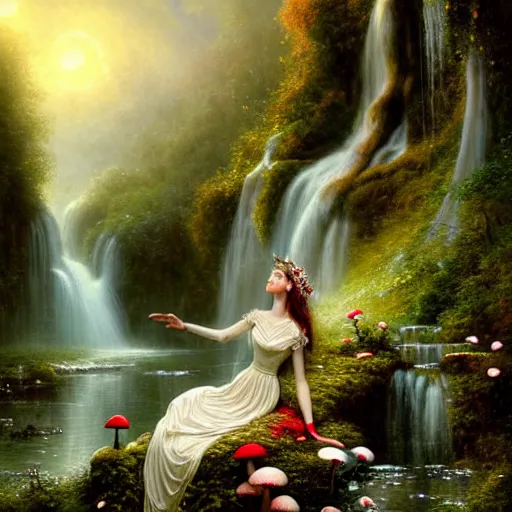 Image similar to highly detailed, elegant elf clothed in a white lace dress and flowers sitting in a enchanted scenery landscape, vast lush valley flowers and mushroom, waterfall, stream, sunrise, vivid color, soft clouds, cinematic lighting, perfect composition, 8 k, gustave dore, derek zabrocki, greg rutkowski, belsinski,