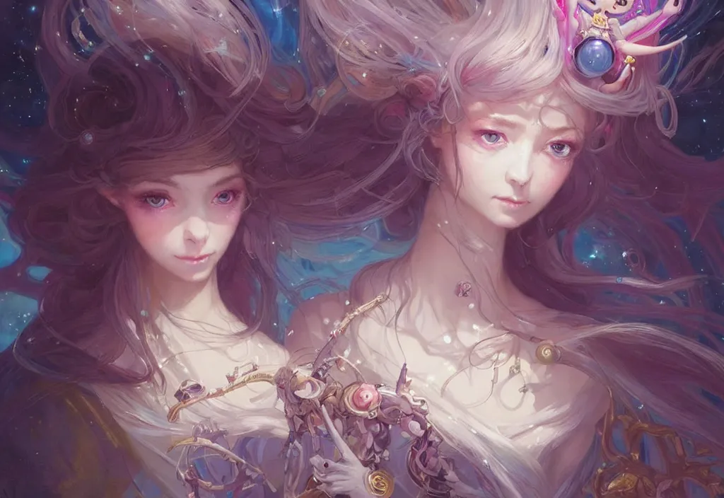 Image similar to close up picture of an maximalist dress magical girl, neat hair with bangs, smug face, extremely beautiful and aesthetic and detailed cute face and eyes, wipe out evils with cute astronaut familiar sprites, aming the magical beams to the camera, chiaroscuro, intricate, masterpiece, epic fantasy illustrations by peter mohrbacher and anato finnstark and jeremy lipking