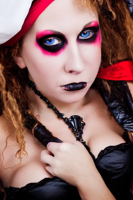 Image similar to close up headshot of a buxom pirate wench wearing a short skirt, Halloween, cosplay, beautiful gazing eyes, extremely beautiful face