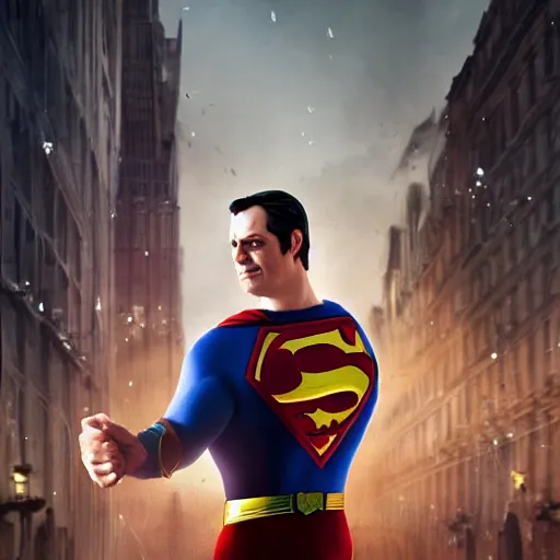 Image similar to Portrait of Nigel Farage as superman, heroic, amazing splashscreen artwork, splash art, head slightly tilted, natural light, elegant, intricate, fantasy, atmospheric lighting, cinematic, matte painting, detailed face, by Greg rutkowski