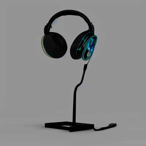 Image similar to headphone stand, futuristic, techno, cyberpunk, product design, 3 d render, 3 d concept, 3 d product render, isometric design fun, swag