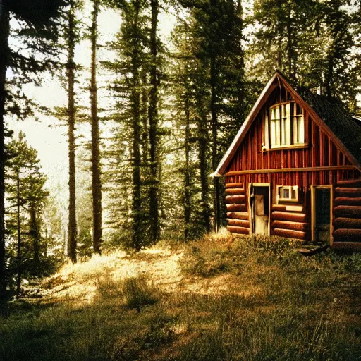 Prompt: cabin in the woods, hyper realistic, photograph, f 8. 0, 3 2 mm, kodak