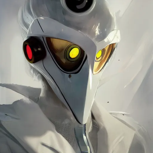 Image similar to full body portrait of a character in sleek clothes, in a futuristic flowing white tailcoat, wearing a white insectoid mask with five round lenses for eyes, many eyes, dramatic lighting, illustration by Greg rutkowski, yoji shinkawa, 4k, digital art, concept art, trending on artstation