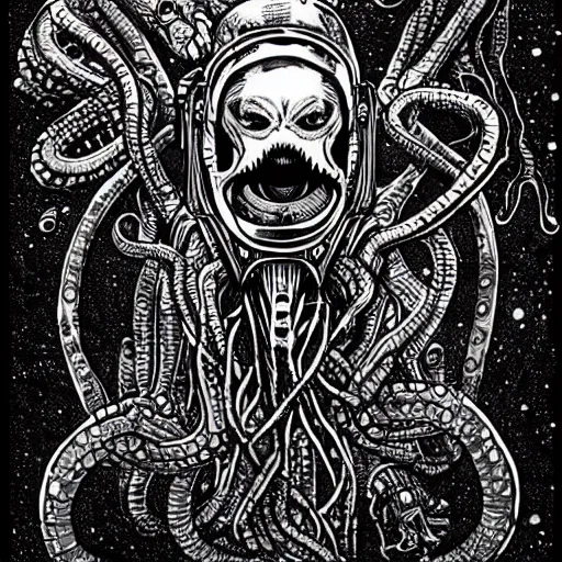 Prompt: Astronaut is Cthulhu, Lovecraft, Giger.