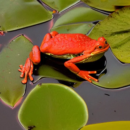 Prompt: photograph of a red frog on a lily pad in a swamp