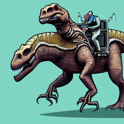 Prompt: detailed intricate colour illustration of a businessman riding a dinosaur, cyberpunk, sci-fi, concept art