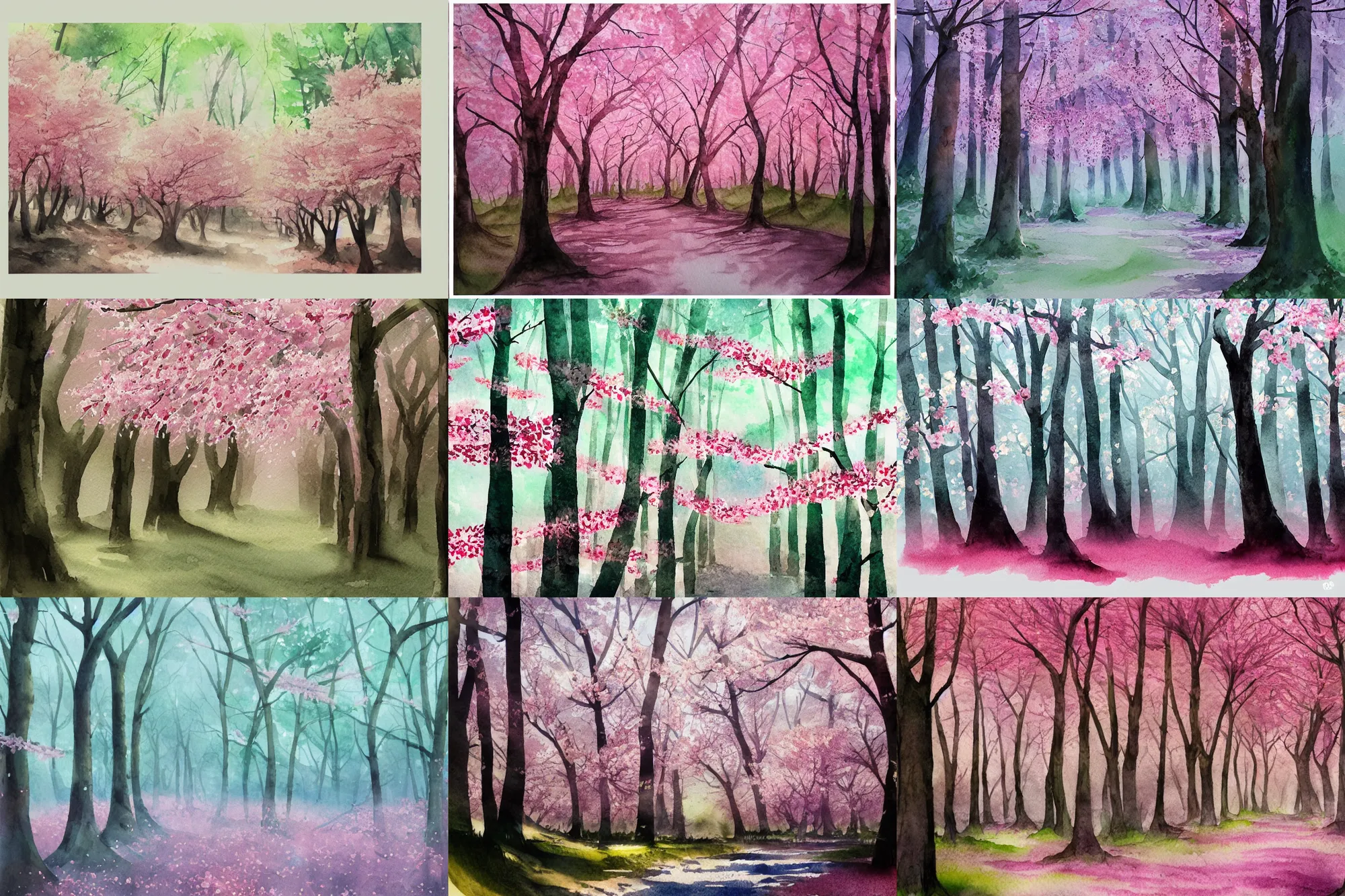 Prompt: Cherry blossom forest, high quality watercolors, award winning, trending on ArtStation