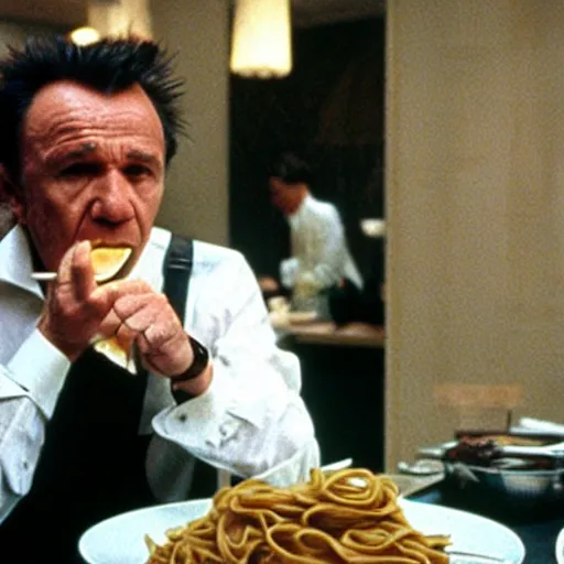 Prompt: Harvey Keitel eating pasta in American Psycho (1999)