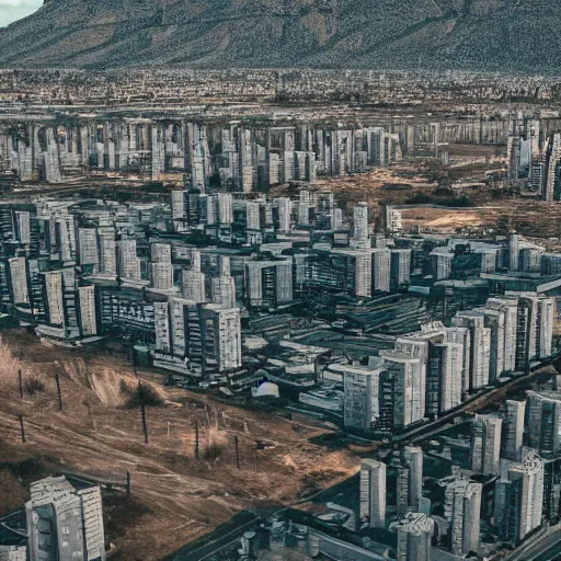 Image similar to sci fi nuclear containment buildings in an expansive river valley with a city in the distance, a sense of hope and optimism, birds overhead, stark light, day time, unsplash, national geographic, hd, high res