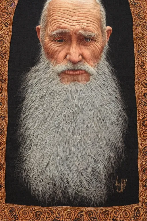 Prompt: a portrait of an old man with a solemn look and deep expression in his eyes, embroidered tapestry, highly detailed, strong lighting, cinematic, HD, 4K