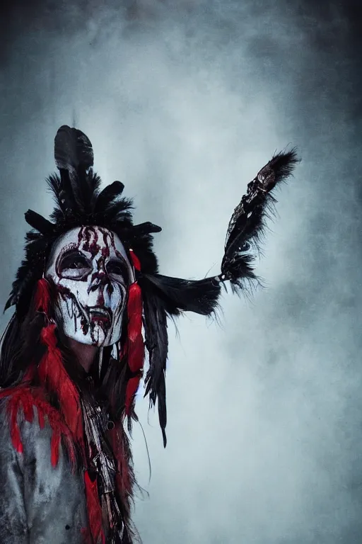 Prompt: the ghost - spirit of the grim - warpaint wears the scarlet skull armor and native blood headdress feathers, midnight fog - mist!, dark oil painting colors, realism, cinematic lighting, various refining methods, micro macro autofocus, ultra definition, award winning photo