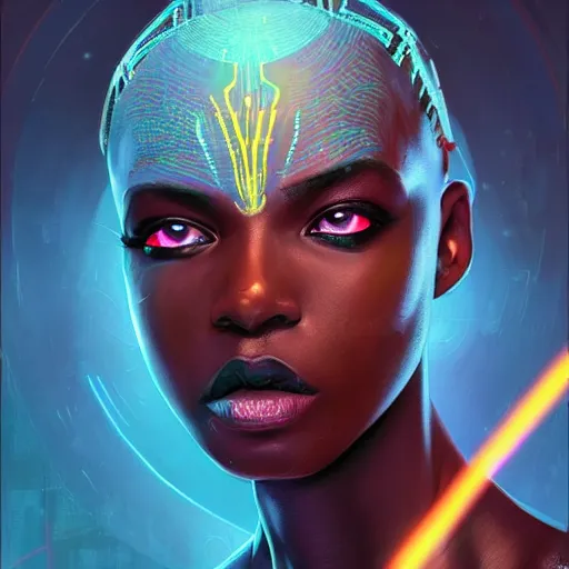 Image similar to african neon necromancer, science fiction, highly detailed, digital painting, beautiful eyes, symmetry, concept art, sharp focus, illustration, global illumination, radiant light, synthwave colors, detailed and intricate environment, art by artgerm and greg rutkowski and magali villeneuve and ilya kuvshinov!