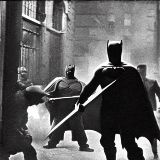 Image similar to a close - up old black and white photo, 1 9 1 3, depicting batman fighting a mafia boss in an ally of new york city, rule of thirds, historical record