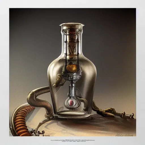 Image similar to a steampunk painting of a vintage poisonous potion bottle, lit by a single ray of sunlight in a dark dusty vintage science lab, by h. r. giger, hyperrealistic fantasy art, concept matte, ethereal, dreamy, digital art, trending on artstation, volumetric cinematic lighting