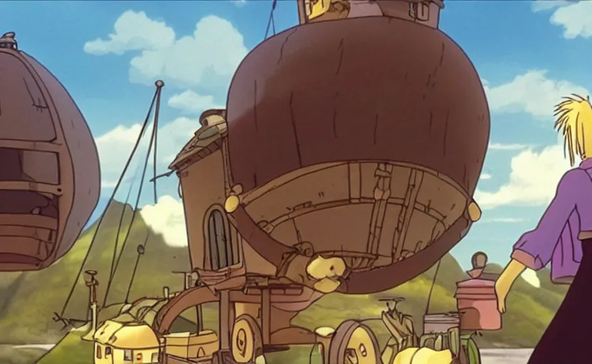 Image similar to a cell - shaded cartoon movie still from howl's moving castle ( 2 0 0 4 ) of a golden ufo very dull muted colors, hd, 4 k, hq