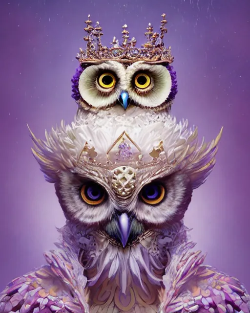 Prompt: anthropomorphic art of an owl king, wearing a crown, in a lilac royal jacket, by artgerm, victo ngai, ryohei hase, artstation, highly detailed digital painting, smooth, global illumination, fantasy art by greg rutkowsky, karl spitzweg, leyendecker