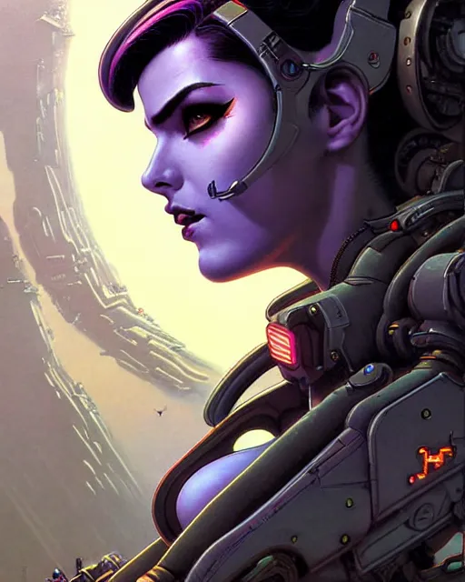 Image similar to widowmaker from overwatch, character portrait, portrait, close up, concept art, intricate details, highly detailed, vintage sci - fi poster, retro future, in the style of chris foss, rodger dean, moebius, michael whelan, and gustave dore