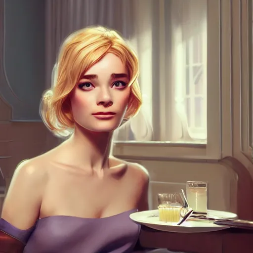 Image similar to blonde holly golightly in breakfast at tiffany's, anatomy, bathed in light, highly detailed, photorealistic, artstation, smooth, sharp focus, illustration, unreal engine 5, 8 k, art by artgerm and greg rutkowski and edgar maxence