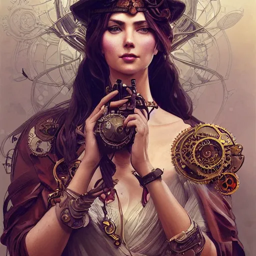 Image similar to woman, steampunk, intricate, elegant, highly detailed, digital painting, artstation, concept art, smooth, sharp focus, illustration, art by artgerm and greg rutkowski and alphonse mucha