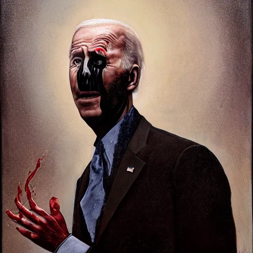 Image similar to presidential portrait of joe biden with oily black fluid pouring from mouth and nose as slenderman, medical diagram by beksinski, jon mcnaughton, and stephen gammell