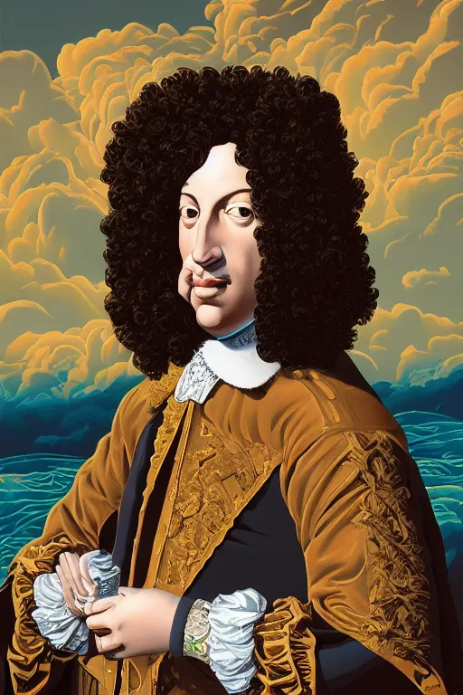 Image similar to vaporwave Dan Mumford style painting (portrait of Louis xiv) in the style Rob Lefield and Dan Mumford Dan Mumford Dan Mumford, Dan Mumford, Greg rutkowski, trending on artstation, digital art, surrealism, macro