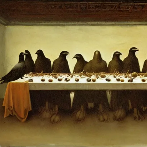 Prompt: high quality oil painting by leonardo da vainci, last supper with raven birds