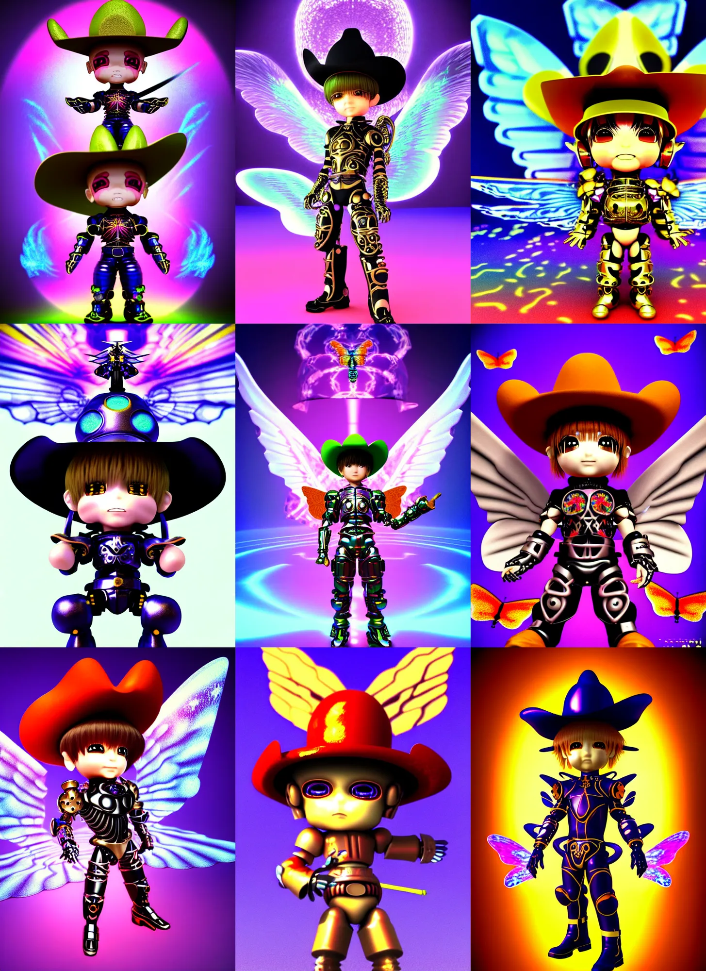 Prompt: 3d render of chibi cyborg knight by Ichiro Tanida wearing a big cowboy hat and wearing angel wings against a psychedelic swirly background with 3d butterflies and 3d flowers n the style of 1990's CG graphics 3d rendered y2K aesthetic by Ichiro Tanida, 3DO magazine