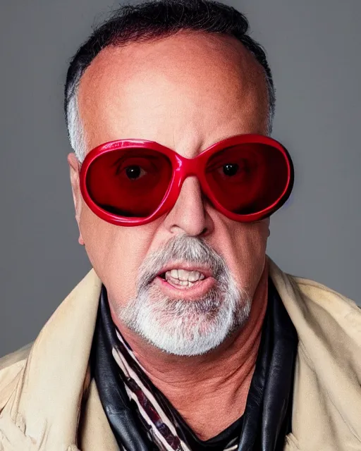 Image similar to headshot of billy joel wearing a leather cap and aviator goggles, he is also wearing an a 2 flight jacket, a long red silk scarf is wrapped around his neck, he has a 5 o'clock shadow, a crazed angry look on his face