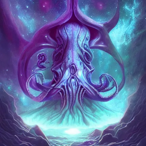 Image similar to cosmic cthulhu in dark space, nebula in background, by lovecraft, details face, detailed body, realistic body proportions, unreal engine, by popular digital artist, digital, artstation, detailed body, heavenly atmosphere, digital art, overdetailed art, trending on artstation, cgstudio, the most beautiful image ever created, dramatic, award winning artwork, beautiful scenery