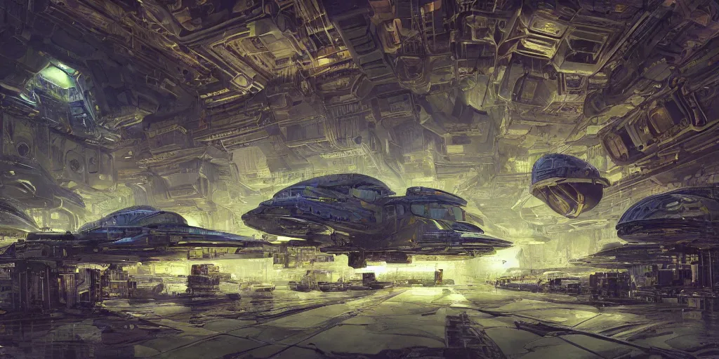 Prompt: an extremely detailed masterpiece epic color scene of the inside of a cavernous spaceship cargo bay with various types of parked spacecraft with pilots an opened hanger door space scene in background, in the style of frank paul lehr and lebbeus woods, intricate, elegant, highly detailed, digital painting, artstation, cinematic lighting, extremely moody lighting, glowing light and shadow, 4 k