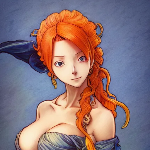 Prompt: intricately detailed vfx portrait of nami from one piece by eiichiro oda, makoto shinkai, alphonse mucha, art by artgerm and greg rutkowski, best of behance, concept art, matte, sharp focus, orange hair, elegant, adolphe bouguereau, annie leibovitz, stanley kubrick, thick outlines,