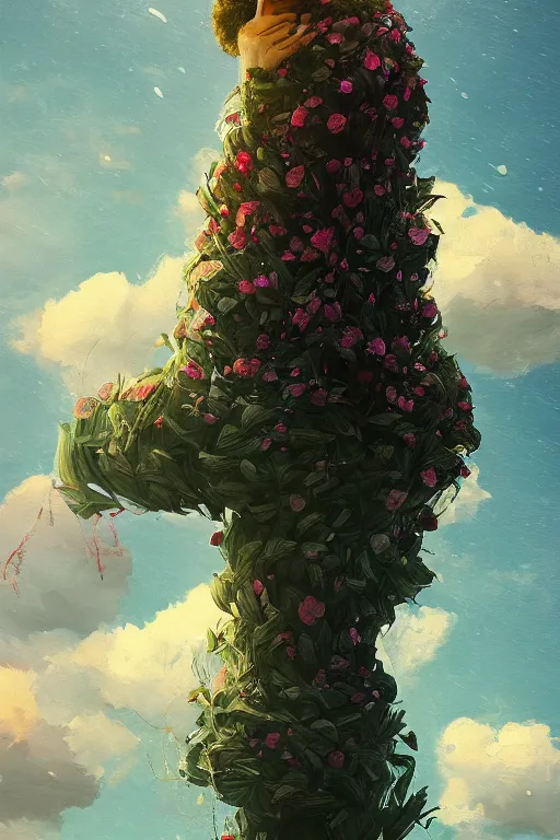 Prompt: portrait of giant flower head, a girl standing on pillar, surreal photography, wind and cold, dramatic sky, impressionist painting, digital painting, artstation, simon stalenhag