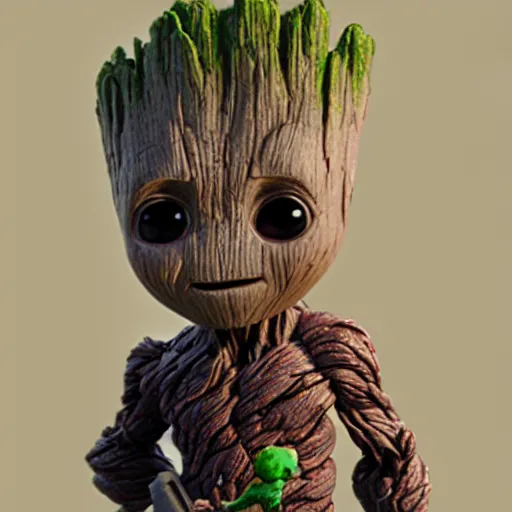 Image similar to baby groot by bill watterson. 3 d render.