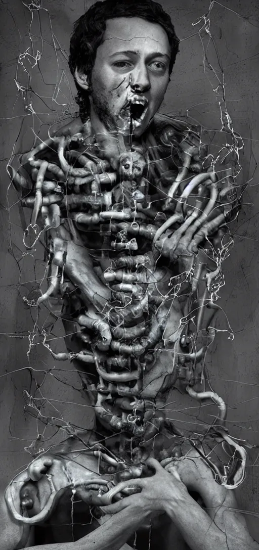 Image similar to disturbing artwork of mark zuckberg being consumed into collection of pipes and wires, body horror, dark, 4K, weird, bizarre, scary