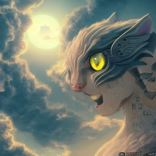 Image similar to the ancient world, hyper complexity, highly detailed, cinematic lighting, pastel colored sunrise, flying robotic cats with gold metal huge wings on its back in the cloudy sky, sharp outlines, complete whole cat body, another sleeping cat face in the clouds watching each other, hyperrealistic, trending on pixiv fanbox, love death robot,