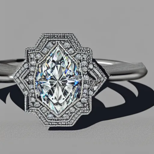 Image similar to photo of engagement ring with two diamonds outside and one in the middle, realistic, hyper detailed, concept art, victorian, multiple angles